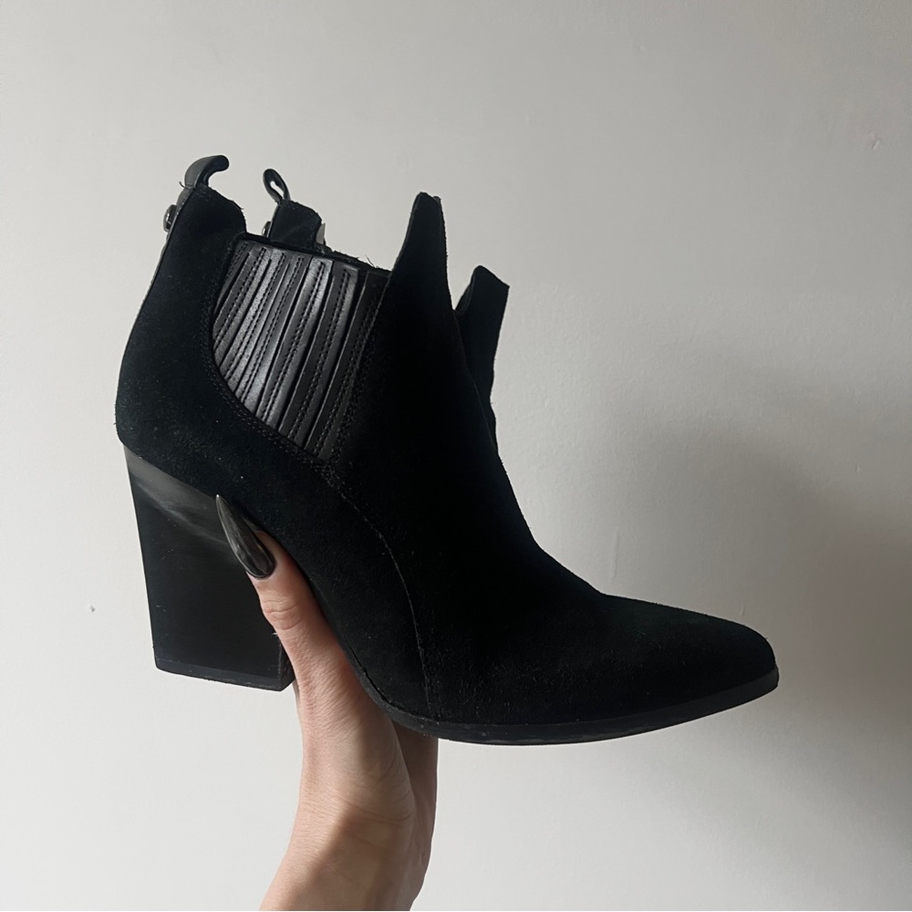 Donald Pliner black suede slanted heel ankle cowboy booties